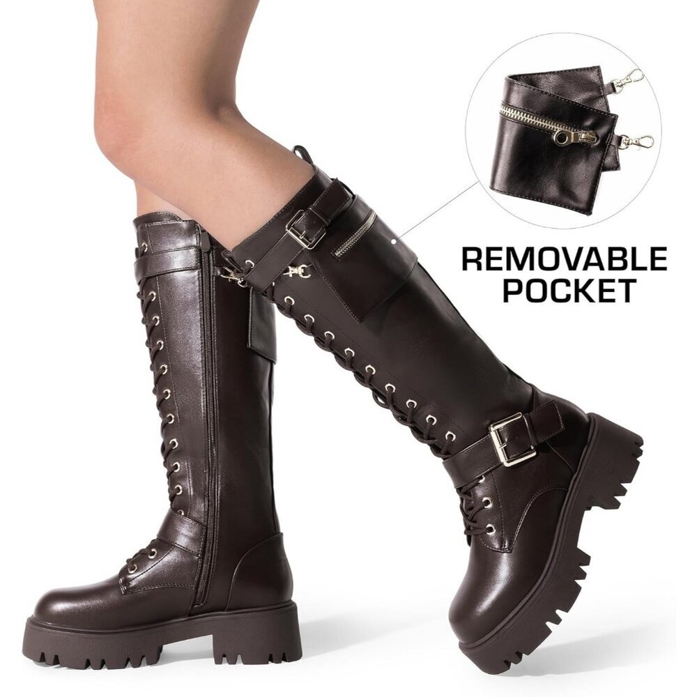 Women's Leather Brown Combat Platform Knee High Lace Up Boots Motorcycle Boots - Picture 6 of 9